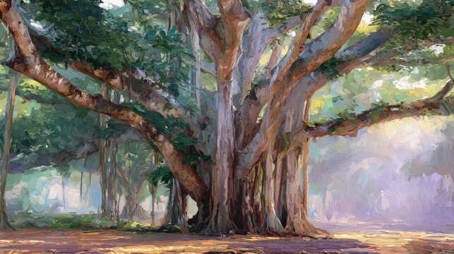 Massive banyan tree, sunrise light, lush forest