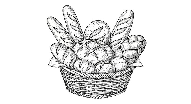Basket of assorted bread loaves vintage sketch illustration - hand drawn doodle black outline vector on a white background

