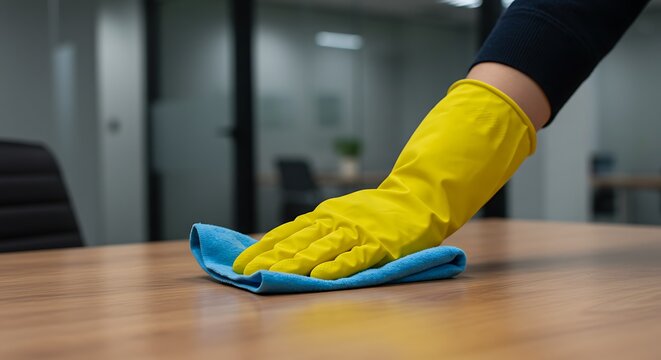 Hand in Yellow Glove Cleaning Table in Office Interior