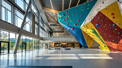 A vibrant indoor climbing gym featuring colorful bouldering walls and spacious design