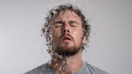A refreshing shot of a man’s face being splashed with water, representing freshness, skincare, and clean energy, perfect for product advertising and wellness themes.
