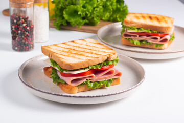 Close-up of two sandwiches with bacon, salami, prosciutto and fresh vegetables on rustic wooden...