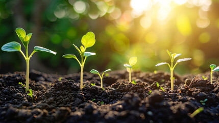 Green seedlings emerging from dark fertile soil at dawn, soft morning light in background represents hope and financial development