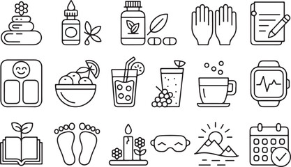 Wellness, Self-Care line icon set. Vector pictograms of mental clarity, fitness, nutrition, relaxation, meditation, mental health, stress relief, body-mind connection thin linear illustration.Mental W