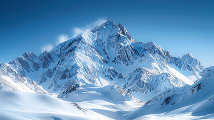 Obraz premium Crisp snow-covered mountain peak rising into a vivid blue sky, showcasing clear natural detail and atmospheric depth in a remote alpine setting