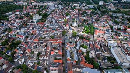 Aerial view around the old town of the city Frankenthal on a sunny spring noon