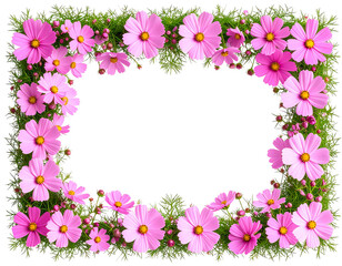 Cosmos Flower Rectangular Frame with Delicate Foliage, isolated on a transparent background.