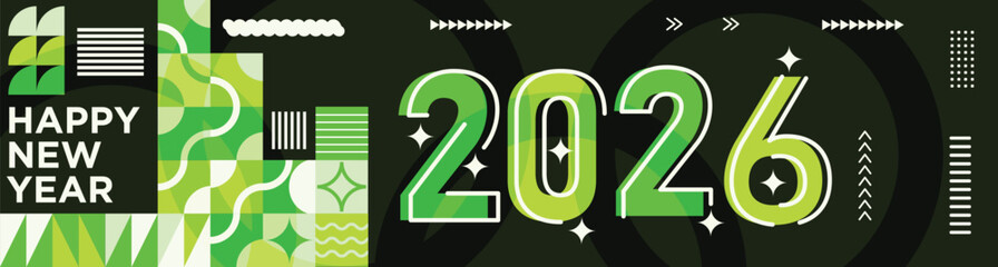 Happy New Year 2026 Banner with Modern Typography and Abstract Geometric Patterns Colorful Vector Illustration for New Year Celebration Design