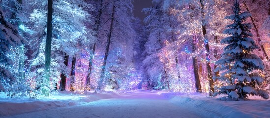 Snowy forest path, vibrant lights