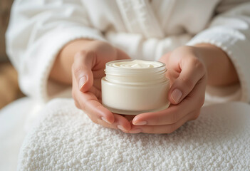 Woman holding a jar of cream in a spa setting. Close-up of a woman's hands gently cradling a jar of cream.