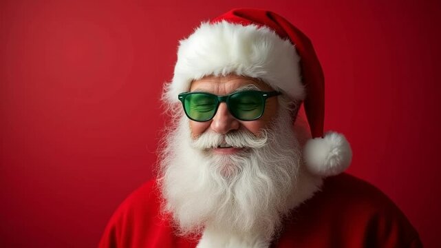 Cool and Cheerful Santa Claus Wearing Green Sunglasses on Red Background for Holidays