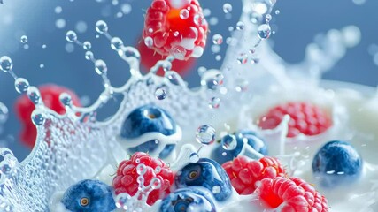 fresh blueberries and raspberries splashing into milk in slow motion macro close up - Powered by Adobe