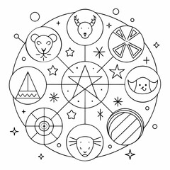 Minimalist graphic design featuring the twelve astrological zodiac signs