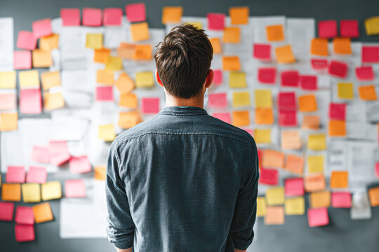 A man stands facing a wall covered with colorful sticky notes and papers, contemplating ideas or organizing tasks. - Powered by Adobe