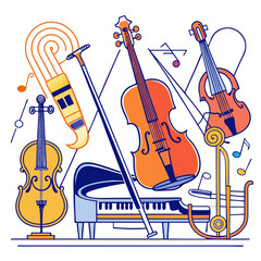Elegant line drawings of classic musical instruments for artistic compositions