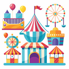 Collection of amusement park and carnival attraction icons including a ferris wheel