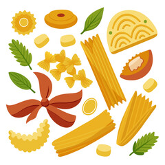 Gourmet pasta collection illustration featuring various italian pasta shapes
