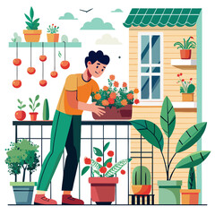 Person tending to plants on a balcony representing urban gardening and sustainable living