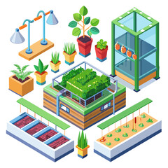 Isometric illustration set showcasing modern urban farming hydroponic systems