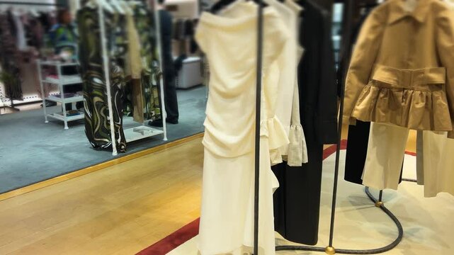Walking along racks of clothes in upmarket French department store Galeries Lafayette Haussmann, Paris, France.