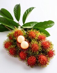 Fresh Rambutan Fruits with Green Leaves on Bright Background