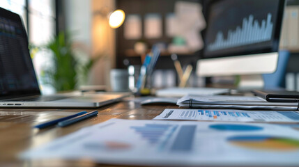Fototapeta premium Business analyst reviewing customer insights on digital tools in soft office lighting, styled for AI-driven marketing strategy