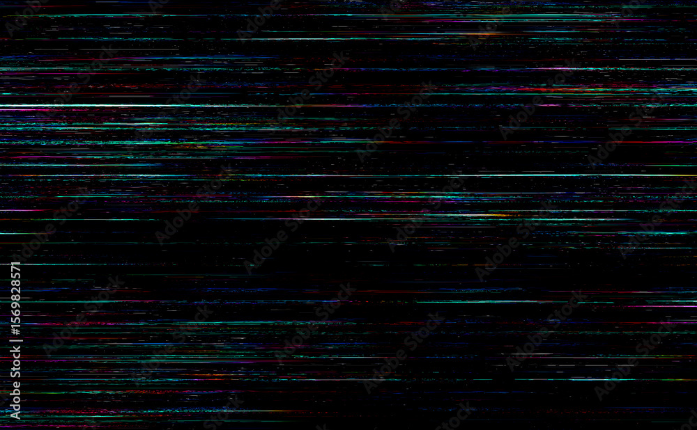 Poster screen display glitch and scan lines pattern in multicolor on black