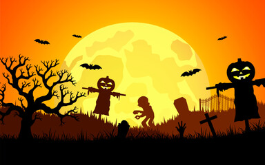Naklejka premium Halloween background design spooky atmosphere, pumpkin, Halloween silhouette design.