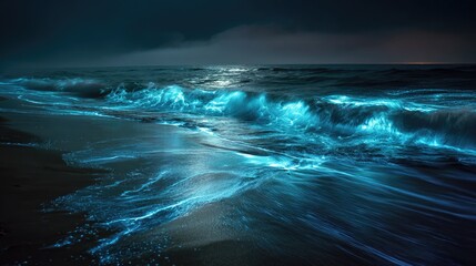 Fototapeta premium Bioluminescent waves on a dark beach at night
