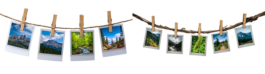 Set of a clothesline with Polaroid photos of mountains and forest landscapes, isolated on a transparent background.