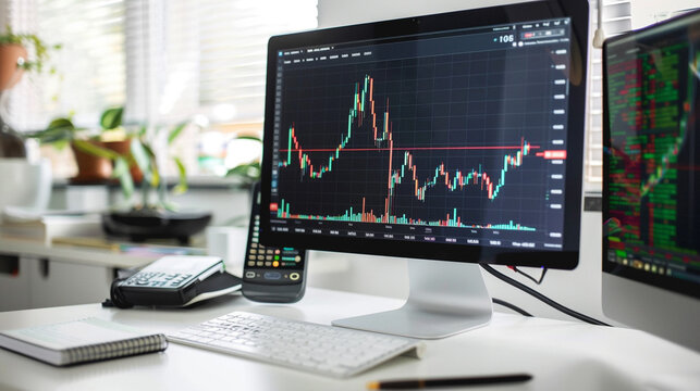 Professional photo of stock trading dashboard with candlestick graph digit, clean layout, soft natural lighting, modern aesthetic for stock usage
