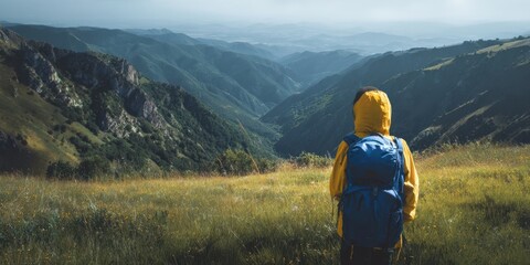 The traveler in a yellow jacket gazing at a breathtaking mountain landscape.