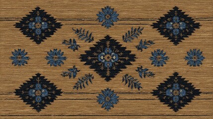 Woven textile with intricate dark blue floral motifs on warm earth-toned brown background, featuring symmetrical star-like patterns, small leaf shapes, and subtle horizontal stripes.