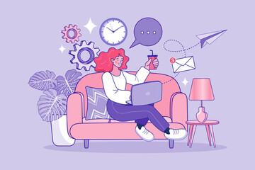 A woman works on her laptop from a sofa, a vector illustration of remote work and a flexible lifestyle. This concept shows a home office with tools for online communication and productivity.