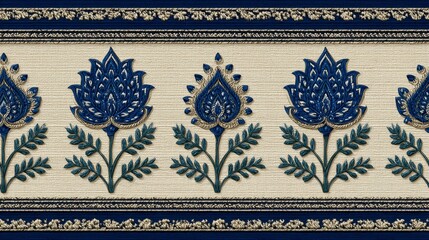 Elegant decorative textile pattern with stylized blue flowers, intricate detailing, light beige woven background, green-blue ornate leaves, symmetrical design, traditional craftsmanship