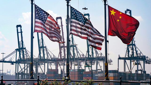US-China trade war representation with flags and shipping containers, industrial port backdrop, strong side lighting conveying economic tension