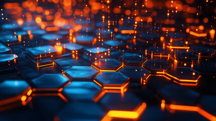 Obraz premium Hexagonal grid glowing orange and blue abstract background