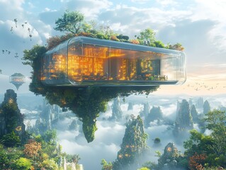 Floating Eco-City: A Sustainable Futuristic Metropolis with Glass Pods, Lush Gardens, and High-Tech Interiors Set Above a Mystical Cloud-Enshrouded Landscape.
