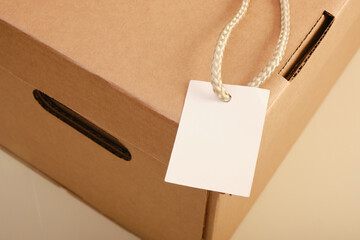 cardboard storage box and label mockup, close up, kraft box