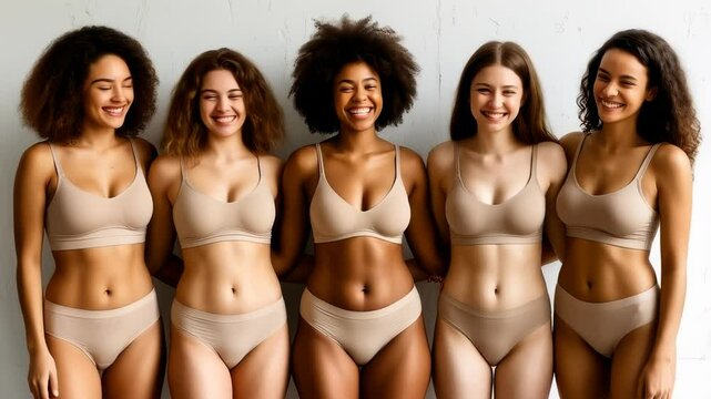 Diverse women in lingerie standing confidently, representing multiple body types and skin tones, embodying body positivity and empowerment on clean white background