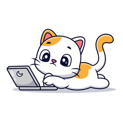 Cute Cat Watching On Laptop Cartoon Vector Icon Illustration. Animal Technology Icon Concept Isolated Premium Vector. Flat Cartoon Style