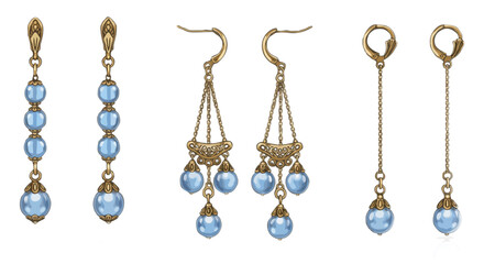 Three pairs of vintage art nouveau style earrings in gold and blue colors depicted for a jewelry collection
