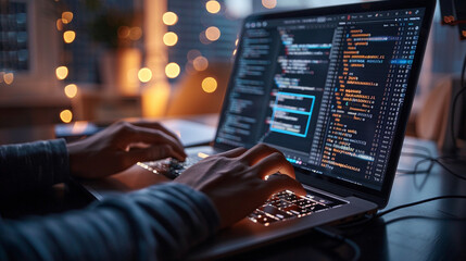 Web developer coding with AI overlay on laptop screen, glowing terminal and assistant interface, indoor ambient lighting, side angle close-up of developer and screen, modern digital workspace mood