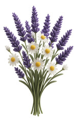 Fototapeta premium Artificial bouquet featuring lavender and chamomile, ideal for a calming corner in a residential wellness room.