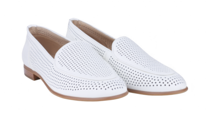White perforated leather loafers on white background with wooden soles isolated on transparent background