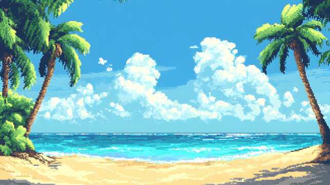 Retro pixel art beach scene with palm trees and ocean waves under blue sky