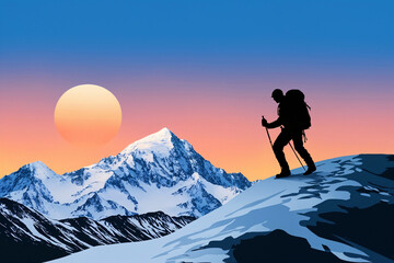 Winter hiking silhouette snow mountain adventure sunrise illustration