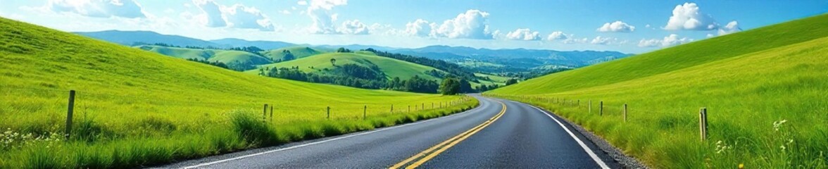 Winding Asphalt Road Through Lush Green Hills and Blue Sky Scenic Mountain Travel Adventure