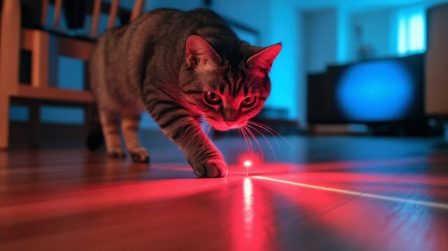 Gray tabby cat focused on a red laser pointer on a wooden floor