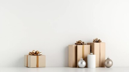 Three beige gift boxes with gold ribbons, a white candle, and two silver ornaments sit on a white surface against a white wall. - Powered by Adobe
